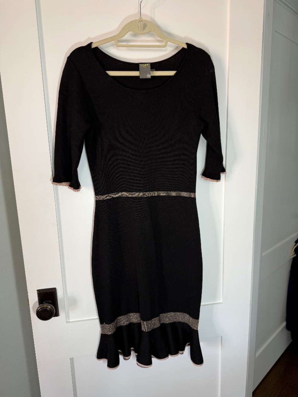 Taylor Black Knit Midi Dress Metallic Trim Ruffle Hem M